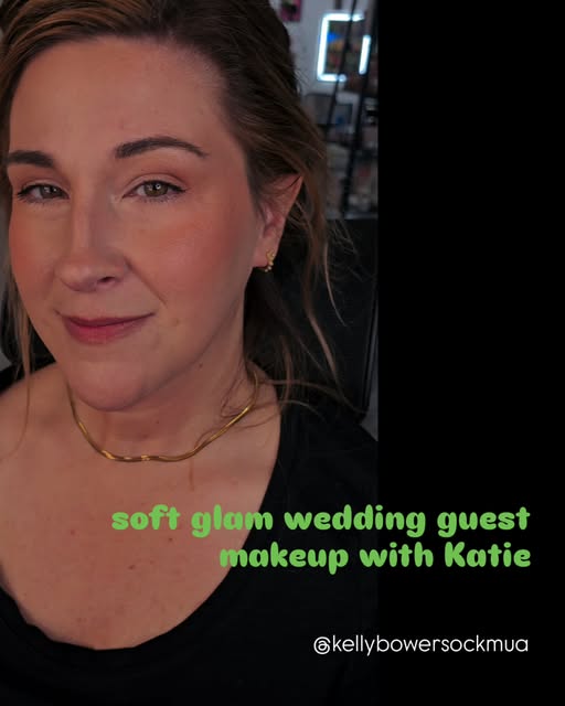 Soft pink eye makeup, rosy cheeks and a natural lip; the photo is labeled soft glam wedding guest makeup.